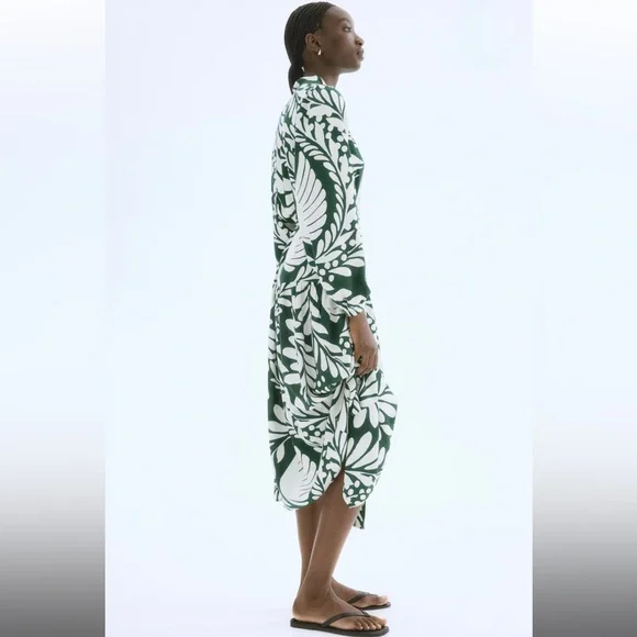 H&M Green and White Leaf Print Long Sleeve Dress Puff-Sleeve - Picture 6 of 12